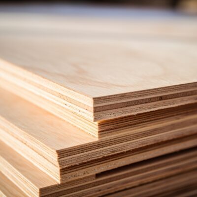 Stosy drewnianych płyt wibroblaty leżą uporządkowane w równych rzędach.